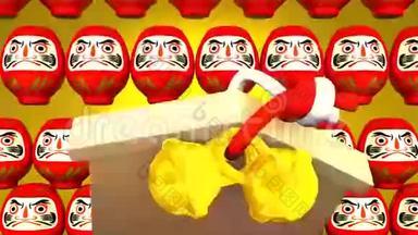 黄色背景下的红色达鲁玛玩偶与影片